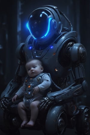 In this whimsical digital art piece, a baby boy is seated on a robot that resembles an astronaut. The robot's body is a large, spherical structure with intricate designs and glowing blue lights, while its head appears to be a helmet-like structure with a visor. The girl is wearing a matching astronaut suit, complete with a helmet and a life support system. She sits comfortably on the robot's back, her hands resting on the controls or perhaps the robot's neck. The background is dark, which contrasts with the brightly lit robot and its human companion, emphasizing their presence in this fantastical scene.,Movie Still