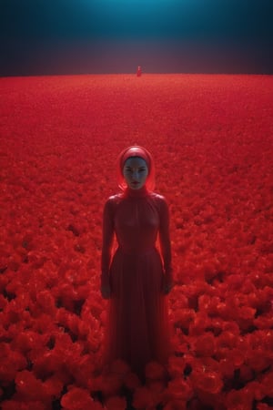 In the center of a vast crowd, one woman stands out in her vibrant red plastic dress and headscarf, surrounded by numerous other individuals also plastic dressed in bright red. The sea of glowing red flower extends far into the background, creating a striking contrast with the central figure.,Movie Still,FlowerStyle,dark