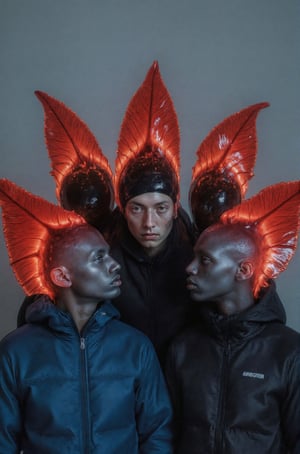 A group of five young fish men are standing together, have red transparent fins, posing for a picture. They are all wearing jackets and appear to be dressed in winter attire. The men are positioned close to each other, with one man in the center and the others surrounding him. Each person has their own unique pose, creating an engaging group photo.,Weird_Aquatic_Style,weird_crowd_style