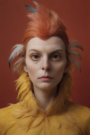 woman have yellow rooster face (chicken),face covered with feathers, in the style of pop art-inspired visuals,oddity, naturalistic bird portraits, schlieren photography, anne dewailly,yellow and red, soft-focus portraits, hyperrealistic wildlife portraits, insanely detailed, light yellow solid color background, 
