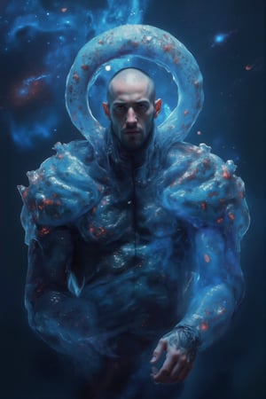 absurdres, dramatic portrait of a mysterious man floating in space, harnessing his magic, (beautiful colorful swirling flowing blue stars and nebulae:1.1), elegant pose, burly and intimidating, very masculine, (stubble:1.1), square jawline, dramatic scene, emotional expression, short hair, detailed eyes, rule of thirds, subsurface scattering, detailed background, full of color, volumetric lighting,Weird_Alien_Fashion,Weird_Aquatic_Style