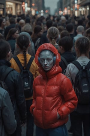 A busy street filled with people, some of whom are carrying backpacks and handbags. The crowd is standing close to each other, creating a bustling atmosphere. In the midst of this crowd, there is a woman wearing a bubble red jacket and blue pants who stands out from the rest. She is posing for the camera while surrounded by the busy street scene.,Weird_Aquatic_Style,weird_crowd_style,Weird_Alien_Fashion