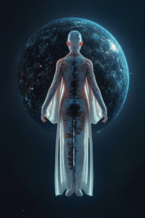 estanlishing shot of white alien floating though space, from behind,  wearing a long flowing tie dye robe adorned with intricate patterns , wandering sage, starry galaxy,huge blue neutron star, , soft ethereal light, , , ,Weird_Aquatic_Style