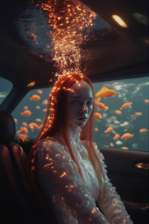 an image of a woman with red hair wearing a white dress, sitting and leaning against the seat in the passenger seat of a car that is submerged underwater, her hair is floating, no make up, natural face. Numerous orange fish are swimming around her and the car, creating a surreal and serene underwater environment. Sunlight is coming from the above, making her hair glow,  ethereal lights. Midshot, looking away from the viewer/camera.,Weird_Aquatic_Style,euisiue,female,beauty,natural makeup