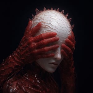 The image depicts a side profile of a person's face, with their eyes covered by red hands and fingers. The individual has transparent scales skin and is wearing red nail polish on their fingernails. glowing head with crown. The background is dark.,cip4rf,creepy_hand_pose,nighmare,pose,weird_futuristic_fashion,Enhanced all