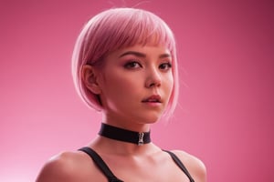 from side ,beautiful girl, glowing eyes, very short straight pink hair, Blush pink Cutout Bodysuit with Zipper, Dynamic pose, Otherworldly Glow, Lens Blur, plain pink background, Volumetric Lighting, Anti-Aliasing, Intricate, Zoom Blur, high contrast, Detailed, Movie Still, Film Still, Cinematic, Cinematic Shot, Cinematic Lighting,, zavy-rmlght
,fuzzy, rim light