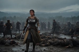 a beautiful medieval worrior woman: in sword combat stance, in dynamic stance running, fighting holding one greatsword, wounded scrathes on face, ((angry face)), muddy hands, crying:3, tears:4, wearing heavy war armor with blood strains and scratches, war grounds, medieval battle, thousands of soldiers, two army in battling background (blue banner, yellow banner), dead soldiers lying on ground, dead bodies on ground, mud, blood on ground, damaged (detailed and diffirent) armors and blades, lot of ashes in the air and fire, mountain, night and dark, ultra wide lanscape shot, side shot, ultra detailed, realistic grayish colors,  
, cinematic moviemaker style,elina,Decora_SWstyle,anger,angry,screaming,Roman,animification