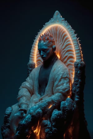 Seated on a magnificent underwater throne sculpted from coral and adorned with shimmering seashells, a handsome male aquatic humanoid King exudes regal authority and grace. His scaled skin glistens with hues of deep azure and emerald, blending seamlessly with the surrounding marine realm. Flowing, iridescent robes drape elegantly from his broad shoulders, their colors shifting with the play of underwater light. Crowned with a delicate, intricately designed coral diadem, his striking eyes—brilliant and fathomless—survey his aquatic kingdom with a commanding yet serene presence. The throne itself is encircled by a halo of bioluminescent flora, casting a gentle, ethereal glow over the entire scene.,Weird_Aquatic_Style