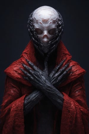 a male warrior wearing armor made of black human hand fragments, red robe, wearing a crystal skull crown,creepy_hand_pose,nighmare,pose,cip4rf,Hand,weird_futuristic_fashion,Fantasy detailers ,creepy_hand_pose,nighmare,pose,weird_futuristic_fashion