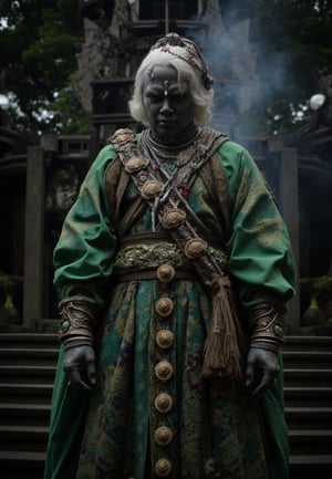 highly detailed armor with batik robed god. King in green., old batik green tattered robe, smoke rises from gaps in robe and from behind the person, background is dark, looking at viewer, shiny, intricate design details, with vibrant colors, bold colors, contrasting shadows, natural lighting, flowing, gold on robe,  
The art style is fantasy, with cinematic lighting and warm tones. It is a portrait with a mysterious mood, depicting an scary beauty in a fantasy world, hkmagic, masterpiece, best quality, highly detailed, sharp focus, dynamic lighting,DarkAtmosCE style,Fantasy detailers,indonesia fantasy attire