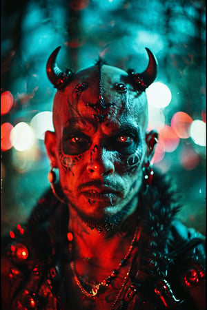 portrait of black demon, red eyes, skull 
tattoo on face, bald, one horn left side, film, bokeh, professional, blur, lomo,