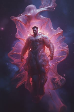 absurdres, dramatic portrait of a mysterious man floating in space, harnessing his magic, (beautiful colorful swirling flowing pink purpple stars and nebulae:1.1), elegant pose, burly and intimidating, very masculine, (stubble:1.1), square jawline, dramatic scene, emotional expression, short hair, detailed eyes, rule of thirds, subsurface scattering, detailed background, full of color, volumetric lighting,Weird_Alien_Fashion,Weird_Aquatic_Style