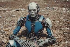 Photo of a broken ruined handsome cyborg guy in a landfill, robot, body is broken with scares and holes,half the face is android,laying on the ground, creating a hyperpunk scene with desaturated dark red and blue details, colorful polaroid with vibrant colors, (vacations, high resolution:1.3), (small, selective focus, european film:1.2), art by Otomo Katsuhiro
