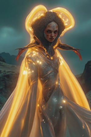 "Desert Cliff Overlook: Stand on the edge of a cliff, overlooking the expansive desert scenery", Photo by Hegre, (((full body shot from the ground))), shimmering fabric,sparkling details,mind-blowing background,girl's confident expression,long flowing hair,dynamic pose,surrounded by magical lights,sharp focus,vivid colors,dreamlike atmosphere,golden hues,bokeh. (best quality,4k,8k,highres,masterpiece:1.2),ultra-detailed,(realistic,photorealistic,photo-realistic:1.37),HDR,UHD,studio lighting,sharp focus,physically-based rendering,extreme detail description,professional,vivid colors,bokeh,portraits,landscape,concept artists,stylish vibrant colors,beautiful detailed eyes,beautiful detailed lips,extremely detailed eyes and face,longeyelashes,exquisite costumes,adventurous pose,vibrant colors, masterpiece, sharp focus, best quality, depth of field, cinematic lighting,Weird_Alien_Fashion,Weird_Aquatic_Style