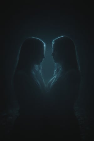 Black bioluminescent nebula fluorescent glow spectral ectoplasm transparent two ghost sisters crying digital tears in a shadow graveyard by night, they are united with the memory of a life where they loved each other, natural lighting, light-focused

fuzzy, rim light, zavy-rmlght
,dark