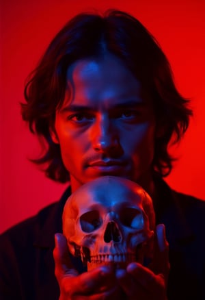 A man with medium, flowing dark hair is shown in a close-up portrait. he has sinister smile. His eyes are open and his lips are slightly parted. he is holding a human skull in her hands, his fingers gently caressing its surface. The image is lit with a dramatic red and blue light, creating a contrast between the warmth of his skin and the coldness of the skull. plain background.
[Digital painting, cyberpunk style], [Yoshitaka Amano], [lighting: dramatic, red and blue, background: solid red, colors: vibrant and contrasting, effects: soft focus, texture: smooth skin, rough skull],n30nfilm