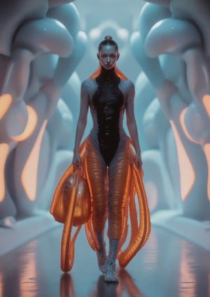 Style: High-fashion, surreal, and bold
Scene: A striking Balenciaga model confidently walks down a surreal way, wearing the avant-garde, futuristic shoes from the earlier prompt—an eccentric mix of inflatable elements, vibrant coils, and glossy reflective surfaces. She’s carrying an oversized, iconic designer bag, just like the one in the image, slung effortlessly over her shoulder. The exaggerated size of the bag contrasts with the model's sleek, minimalistic outfit, creating a visually captivating statement piece.
Model: A tall, statuesque figure with a sharp, commanding presence. Her hair is pulled back into a sleek ponytail, and she wears bold, minimalistic makeup that highlights her strong features. Her expression is focused and intense, exuding confidence and control.
Mood: Surreal, bold, and futuristic—a blend of high fashion with playful, exaggerated elements.
Background: The runway is set in a surreal, dreamlike environment. The floor is a vast expanse of reflective, liquid-like metal that ripples as the model walks. The walls are composed of floating geometric shapes and oversized, abstract sculptures that change colors and shapes in response to the model’s movements, creating a constantly shifting, otherworldly atmosphere.,Weird_Alien_Fashion,Weird_Aquatic_Style