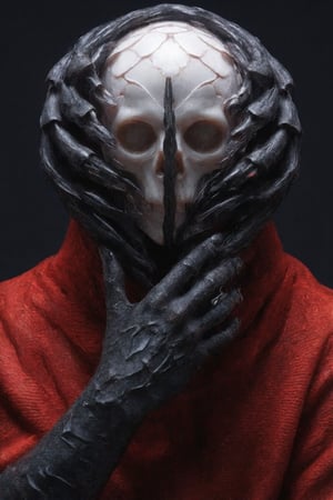 a male warrior wearing armor made of black human hand fragments, red robe, wearing a crystal skull crown,creepy_hand_pose,nighmare,pose,cip4rf,Hand,weird_futuristic_fashion,Fantasy detailers ,creepy_hand_pose,nighmare,pose,weird_futuristic_fashion