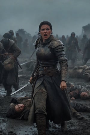 a beautiful medieval worrior woman: in sword combat stance, in dynamic stance running, fighting holding one greatsword, wounded scrathes on face, ((angry face)), muddy hands, crying:3, tears:4, wearing heavy war armor with blood strains and scratches, war grounds, medieval battle, thousands of soldiers, two army in battling background (blue banner, yellow banner), dead soldiers lying on ground, dead bodies on ground, mud, blood on ground, damaged (detailed and diffirent) armors and blades, lot of ashes in the air and fire, mountain, night and dark, ultra wide lanscape shot, side shot, ultra detailed, realistic grayish colors,  
, cinematic moviemaker style,elina,Decora_SWstyle,anger,angry,screaming,Roman,animification