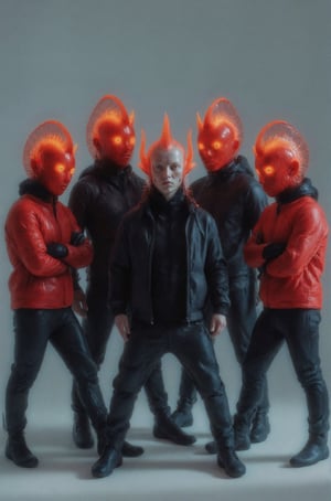 A group of five young fish men are standing together, have red yellow transparent horn,scaly, glowing eye, posing for a picture. They are all wearing jackets and appear to be dressed in winter attire. The men are positioned close to each other, with one man in the center and the others surrounding him. Each person has their own unique pose, creating an engaging group photo.,Weird_Aquatic_Style,weird_crowd_style,weird_futuristic_fashion