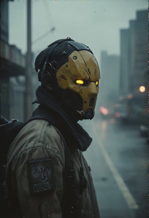 Kurt hectic from mdk running, in darkness, dystopian mega city, yellow head, atmospheric haze, Film grain, cinematic film still, shallow depth of field, highly detailed, high budget, cinemascope, moody, epic, OverallDetail, gorgeous, 2000s vintage RAW photo, photorealistic, candid camera, color graded cinematic, eye catchlights, atmospheric lighting, skin pores, imperfections, natural, shallow dof
,exosuit,tactical gear,futuristic,cyberpunk,ral-3dwvz
