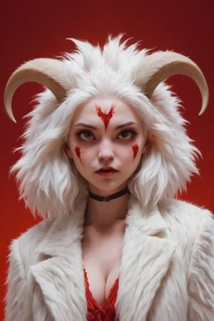 goat or lamb face with womans body, horn,red background, animal nose, white hair,(close-up:1.1), girl ( standing:1.2), cleavage, white hairy jacket, (looking at viewer:1.3), (slim body type:1.2), BREAK  dark theme, pastel lights, , dark art, blood, violent , hurt, mood, bleeding
,Furry,Movie Still