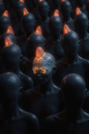 The image is a full color photo of many fish men arranged in rows, with one statue standing out from the rest by having a red yellow transparent horn,scaly, and glowing eye. This unique feature draws attention to the individual among the group of otherwise similar person.,weird_crowd_style,Weird_Aquatic_Style,weird_futuristic_fashion