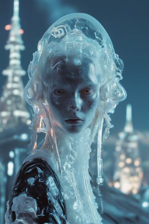 An extraordinary alien world where everything is made of ice.people, machines, and buildings all sculpted from crystal-clear, glistening ice. The scene features a futuristic city with intricate ice-based architecture and advanced extraterrestrial technology, all shimmering with frozen beauty. The atmosphere feels both otherworldly and futuristic, with translucent towers and sleek ice-formed vehicles. In the foreground, a highly detailed, realistic alien womanâs upper body is visible, her form entirely made of ice. The image is hyper-realistic, as sharp and detailed as a photograph, with extreme clarity and lifelike textures, emphasizing the ethereal, frozen quality of this icy world.