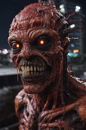 Hyperrealistic art RAW analog photo of humanoid neuraliisma organism, looking at viewer, big smile, lava skin, cyberpunk city at night on background (sharp focus, hyper detailed, highly intricate, physically based unbiased rendering), 
,InBlackHoleTechAI,made of r3psp1k3s,fx-monsters-xl-meatsack