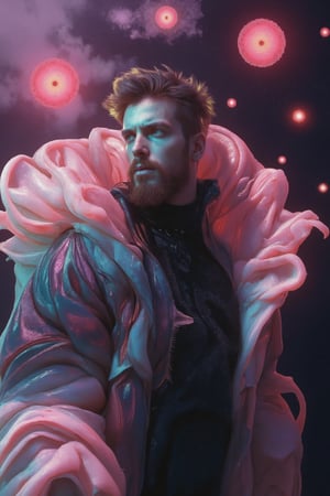 absurdres, dramatic portrait of a mysterious man floating in space, harnessing his magic, (beautiful colorful swirling flowing pink purpple stars and nebulae:1.1), elegant pose, burly and intimidating, very masculine, (stubble:1.1), square jawline, dramatic scene, emotional expression, short hair, detailed eyes, rule of thirds, subsurface scattering, detailed background, full of color, volumetric lighting,Weird_Alien_Fashion,Weird_Aquatic_Style