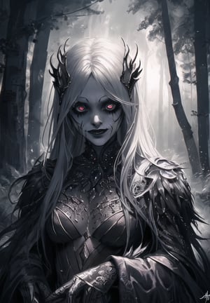 realistic drawing of the mythical siren, horror themed, hyper detailed, horror, scary, forest, dynamic light, graphic novel style, dark colours, dark fantasy, manga, detailed background, parchment paper, masterpiece, best quality, looking_at_viewer, dark tone, dark background, lurking, seductive, evil, 