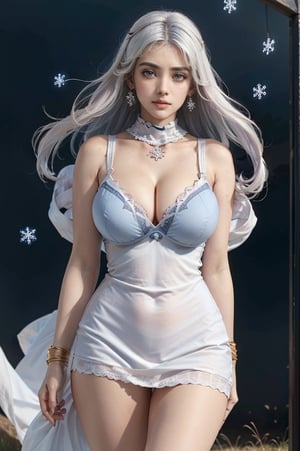 (high-detail, high quality, high-level image quality), masterpiece, Best Quality, Detailed face, For a beautiful face with symmetry, masterpiece, very detailed beautiful face and eyes, blue eyes, (white hair:1.4), dynamic long hair, large curls, updo princess hair, (massive breasts:1.6), perfect nipples, glow in her eyes, Perfect Anatomy, beautiful supermodel, pink eye liner, looking_at_viewer, (white and blue elegant dress:1.4), lacey underwear, cleavage cutout, perfect legs, Perfect fingers, perfect hand, Perfect body, perfect feet, very sexy, firm body, perfect abs, snowflake earrings, snowflake necklace, gold bracelets, radiance background, celestial,Ichikajp,elena stoddart,Indian