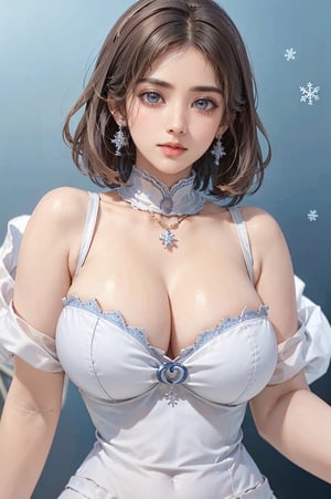 (high-detail, high quality, high-level image quality), masterpiece, Best Quality, Detailed face, For a beautiful face with symmetry, masterpiece, very detailed beautiful face and eyes, blue eyes, (white hair:1.4), dynamic long hair, large curls, updo princess hair, (massive breasts:1.6), perfect nipples, glow in her eyes, Perfect Anatomy, beautiful supermodel, pink eye liner, looking_at_viewer, (white and blue elegant dress:1.4), lacey underwear, cleavage cutout, perfect legs, Perfect fingers, perfect hand, Perfect body, perfect feet, very sexy, firm body, perfect abs, snowflake earrings, snowflake necklace, gold bracelets, radiance background, celestia, Ichikajp,elena stoddart,Indian