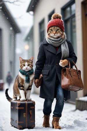 2 cats, walking, realistic, hat, holding, standing, bag, scarf, blurry, coat, no humans, depth of field, blurry background, animal, cat, walking, realistic, beanie, winter clothes, animal focus, suitcase, clothed animal, falling_snow,