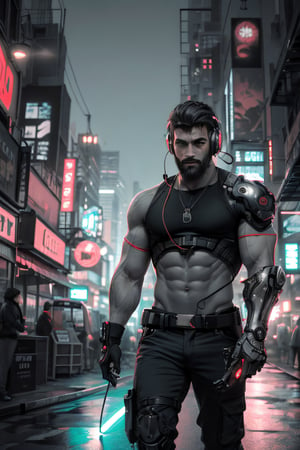 (masterpiece, best quality), best quality, beautiful lighting, outdoors,1boy, muscular man with beard, handsome, strong men, cyberpunk, (blurry, bokeh), night, in the dirty street, contrast, neon (mechanical arm), (laser gun) in hand, wearing headphones, exposure blend, medium shot, bokeh, (hdr:1.4), high contrast, (cinematic, teal and bule:0.85), (muted colors, dim colors, soothing tones:1.3),