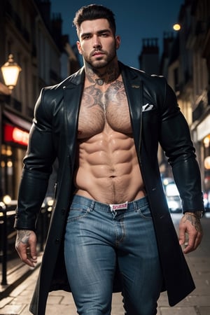 masterpiece, best quality, highly detailed, cowboy shot, exquisite facial features, prefect face, shiny skin, 1male, solo, actor Pio Marmai, muscle man, handsome man , (medium hair), brown hair, curly hair, night, sky, Masculine, burly hairy manly strongmen, tattoo, open coat, topless, jean, ((big bulge:1.5)), strolling beneath Eiffel Tower: Romantic Parisian ambiance, in Paris,