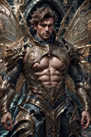 realistic, masterpiece, intricate details, detailed background, depth of field, photo of a handsome (european man), shiny skin, fr4ctal4rmor, big guy, wearing fractal barbarian armor, ((dynamic pose)), fighting stance, wings, fantasy background, cinematic composition, sharp focus, harness, pectorals, abs, thighs,