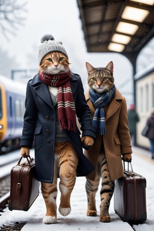 masterpiece, (photorealistic:1.4), 2 cats, walking, realistic, hat, ((holding)), standing, bag, scarf, blurry, coat, no humans, depth of field, blurry background, animal, cat, walking, realistic, beanie, winter clothes, ((UK style clothes)), animal focus, suitcase, clothed animal, falling_snow, at train station,