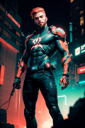 (masterpiece, best quality), 1boy, muscular, beard, cyberpunk, (blurry, bokeh, fisheye lens), night, looking at viewer, contrast, contrapposto, neon mechanical arm, exposure blend, medium shot, bokeh, (hdr:1.4), high contrast, (cinematic, teal and orange:0.85), (muted colors, dim colors, soothing tones:1.3), low saturation,