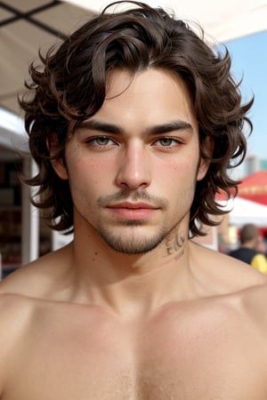 masterpiece, best quality, highly detailed, shiny skin, exquisite facial features, male, muscle man, big guy, police, mole under eye, goatee,  short hair, streaked hair, curly hair, tattoo, stare, in summer, market stall,Detailedface