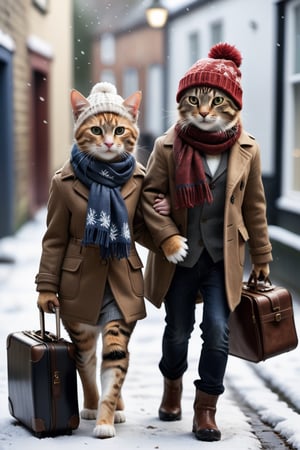 2 cats, walking, realistic, hat, ((holding)), standing, bag, scarf, blurry, coat, no humans, depth of field, blurry background, animal, cat, walking, realistic, beanie, winter clothes, ((UK style clothes)), animal focus, suitcase, clothed animal, falling_snow,