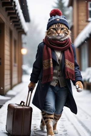 2 cats, walking, realistic, hat, ((holding)), standing, bag, scarf, blurry, coat, no humans, depth of field, blurry background, animal, cat, walking, realistic, beanie, winter clothes, animal focus, suitcase, clothed animal, falling_snow,