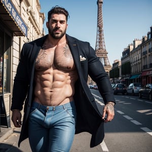 masterpiece, best quality, highly detailed, cowboy shot, exquisite facial features, prefect face, shiny skin, 1male, solo, muscle man, handsome man , (medium hair), brown hair, curly hair, night, sky, Masculine, burly hairy manly strongmen, tattoo, open coat, topless, jean, ((big bulge:1.5)), strolling beneath Eiffel Tower: Romantic Parisian ambiance, in Paris,