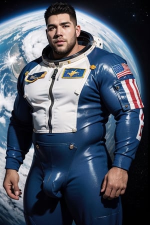 masterpiece, best quality,Photorealistic, vibrant colors, Postmodernism, UhD, highly realistic, detailed, Wormhole, Burly man, 1 boy, shiny skin, male, muscle man, handsome, (big guy), (big bulge), (astronaut costume), in space, 