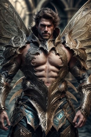 realistic, masterpiece, intricate details, detailed background, depth of field, photo of a handsome (european man), fr4ctal4rmor, big guy, wearing fractal barbarian armor, ((dynamic pose)), fighting stance, wings, fantasy background, cinematic composition, sharp focus, harness, pectorals, abs, thighs,