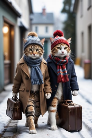 2 cats, walking, realistic, hat, holding, standing, bag, scarf, blurry, coat, no humans, depth of field, blurry background, animal, cat, walking, realistic, beanie, winter clothes, animal focus, suitcase, clothed animal