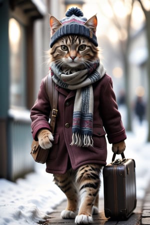 cat, walking, realistic, hat, holding, standing, bag, scarf, blurry, coat, no humans, depth of field, blurry background, animal, cat, walking, realistic, beanie, winter clothes, animal focus, suitcase, clothed animal