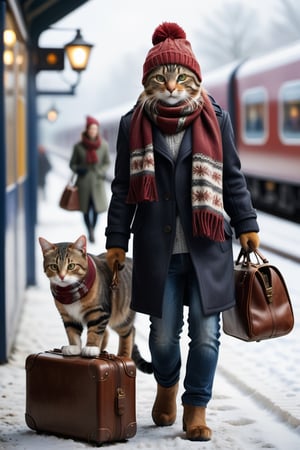 masterpiece, (photorealistic:1.4), 2 cats, walking, realistic, hat, ((holding)), standing, bag, scarf, blurry, coat, no humans, depth of field, blurry background, animal, cat, walking, realistic, beanie, winter clothes, ((UK style clothes)), animal focus, suitcase, clothed animal, falling_snow, at train station,