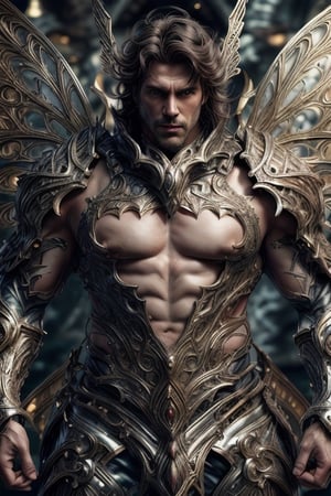 realistic, masterpiece, intricate details, detailed background, depth of field, photo of a handsome (european man), shiny skin, fr4ctal4rmor, big guy, wearing fractal barbarian armor, ((dynamic pose)), fighting stance, wings, fantasy background, cinematic composition, sharp focus, harness, pectorals, abs, thighs,