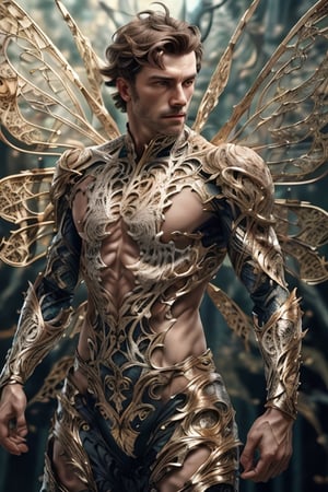realistic, masterpiece, intricate details, detailed background, depth of field, photo of a handsome (european man), fr4ctal4rmor, wearing fractal bodysuit, (dynamic pose), ((fighting stance)), wings, fantasy background, cinematic composition, sharp focus, side view, close up,